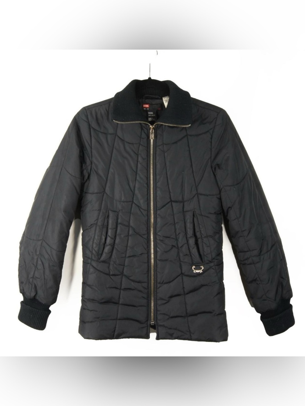 Vintage Diesel Quilted Jacket Black Knit Collar Puffer Coat Y2K 2000s Grunge